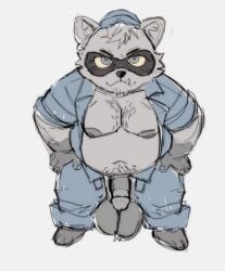 anthro balls belly big_balls blue_eyes body_hair bottomwear chest_hair circumcised clothed clothing coveralls dolly's_factory ear_piercing ear_ring full-length_portrait genitals hands_on_hips hat headgear headwear jumpsuit looking_at_viewer male mammal moobs nipples open_bottomwear open_clothing open_pants open_topwear overweight overweight_anthro overweight_male pants penis piercing portrait procyonid raccoon ring_piercing roblox rocky_(dolly's_factory) short short_male shortstack shortstack_male snaggle_tooth solo topwear tora_gy