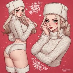 1girls ai_generated ass beautiful beauty_mark big_ass blonde_hair blush booty booty_shorts braided_hair braided_ponytail brown_hair butt_focus curvy_figure dark- female green_eyes hourglass_figure knitted_sweater kyokalovesxo l light-skinned_female light_clothing light_skin looking_at_viewer looking_back makeup moles on_bed on_side original_character pale-skinned_female round_ass round_butt russian russian_female snowbunny tears turtleneck_sweater two-tone_hair wedgie wedgied_female younger_female