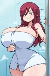 ai_generated erza_scarlet fairy_tail female huge_breasts long_hair red_hair smug towel