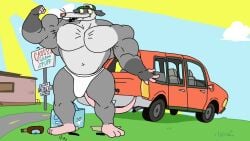 2026 admiring admiring_muscles admiring_self adult_swim anthro car clothed clothes clothing drinking flexing furry gas_station gassy's_gas_'n_stuff gilbert_(gassy's_gas_'n_stuff) hat hyper_muscles male_only muscle_growth muscular muscular_anthro muscular_male opossum parttimeyeen_(artist) public public_exposure ripped_clothing ripped_pants ripped_shirt soda soda_bottle tagme underwear underwear_only vehicle video whiskers