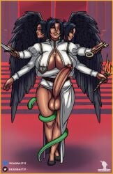 angel_wings big_breasts big_penis black_hair black_wings dark_skin deadbait17 futanari hecate_(althaean) multiple_arms orange_eyes snake tagme