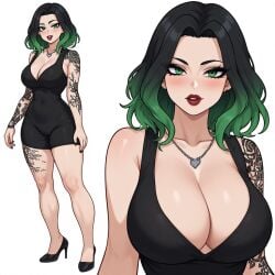 1girls ai_generated big_ass big_breasts big_butt black_shorts booty_shorts breasts cleavage curvy curvy_figure dress eye_contact fat_ass female feminine gothic green_eyes green_hair green_hair_female hourglass_figure japanese japanese_female kyokalovesxo labcoat light-skinned_female makeup original_character pale-skinned_female pale_skin poker_face pout red_lipstick science scientist slim soft_breasts tattooed_arm tattoos tight_clothes tight_dress wavy_hair wedgie wedgied_female