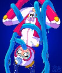 1girls all_the_way_through blue_hair blush bodysuit boots brawl_stars breasts cel_shading diexdi janet_(brawl_stars) lunar_janet_(brawl_stars) ripped_clothing skirt slime_(substance) slime_tentacle solo space_helmet spacesuit tentacle tentacle_penetration tentacle_rape tentacle_sex twintails upside-down