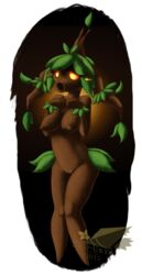 2015 anthro breasts brown_skin busty crossover deku_(tloz) deku_scrub female flora_fauna green_hair hair hybrid latiar leaves nintendo nipples nude open_mouth plant plant_girl pussy red_eyes solo the_legend_of_zelda video_games voluptuous yellow_eyes