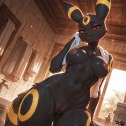 ai_generated anthro bathroom breasts eeveelution female indoors inside looking_at_viewer looking_pleasured nipples nude pokemon pokemon_(species) pussy standing towel umbreon vulva