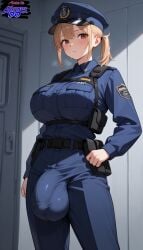 1futa ai_generated big_balls big_breasts big_penis bulge_through_clothing flaccid flaccid_penis futanari huge_balls huge_cock large_penis penis_bulge security_uniform