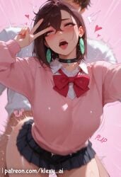 1girls 2_fingers ahe_gao ai_generated alternate_version_available ayase_momo bouncing_ass breasts brown_hair clothed_sex clothing cum dandadan doggy_style earrings female happy_sex hi_res horny_female huge_breasts klexyai light_skin looking_at_another low-angle_view one_arm_up open_mouth peace_sign penetration pussy red_eyes short_hair skirt smile teenager teeth uncensored watermark