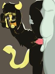 1boy 1they ambiguous_gender anthro bell_collar bunny bunny_ears canela_(canelitabunny) canelitabunny chubby chubby_male collar_bell demon demon_horns demon_tail faceless_character faceless_male furry horns pussy rabbit rabbit_ears skinny yellow_horns yellow_tail yellow_tongue