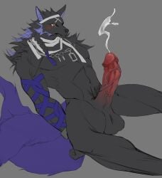 1boy abisi_(xinyue_tongxing) abs animal_ears arms_behind_back bandages blush chinese_commentary commentary_request completely_nude cum ejaculation erection furry furry_male grey_background highres looking_at_penis looking_down male_focus muscular muscular_male nude pectorals penis scar scar_across_eye scar_on_face tail testicles wolf_boy wolf_ears wolf_tail wuhure xinyue_tongxing