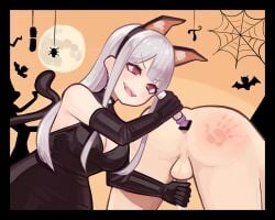 1boy 1girls armwear ass balls bar_censor butt censor_bar censored censored_anus cock dick dildo dildo_in_ass dildo_insertion dildo_penetration eyebrows_visible_through_hair fake_animal_ears female femdom genitals handjob kikiu_bd male moon open_mouth original penis semen sex_toy slap_mark slap_mark_on_ass spanking_marks testicles woman