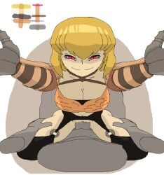 1boy 1boy1girl 1girl1boy 1girls armor armored_female bigballerz bikini_armor cleavage clementine_(overlord) creepy_smile evil_grin evil_smile female female_focus female_on_top first_person_view gauntlet gauntlets grey_skin grin grinning_at_viewer hand_on_another's_head hand_on_head hand_on_thigh hands_behind_head intimate intimidating looking_at_viewer ms_paint overlord_(maruyama) penis penis_in_pussy pov pov_eye_contact pussy sex smile smile_at_viewer smiling vaginal_penetration vaginal_sex