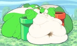 fat fat_fetish green_yoshi mario_(series) overweight overweight_male roundedpentagon stuck yoshi
