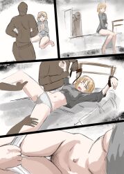 1girls 2boys blonde_hair comic defeated fat00x1 female female_soldier imminent_rape imminent_sex original pubic_hair pussy restrained spoils_of_war tagme tied_hands