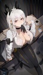 boots breasts choker coffee huinjebi office tail unbuttoned_shirt wuthering_waves zani_(wuthering_waves)