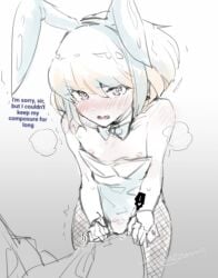1femboy 2boys 2d androgynous anon anonymous_male blush bob_cut bowtie bowtie_collar bunny_ears bunnysuit crossdressing dialogue embarrassed fake_animal_ears femboy femboy_focus fishnet_pantyhose fishnets leotard lio_fotia looking_at_viewer male male_playboy_bunny needy nipple_slip nipples pantyhose partially_colored petite petite_body petite_male playboy_bunny pov promare rough_sketch short_hair shy slim slim_male slim_waist solo_focus strapless_leotard text visible_breath
