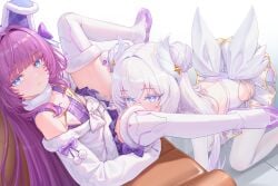 2girls absurdres azur_lane bare_shoulders blue_eyes chinese_commentary closed_mouth commentary cunnilingus double_bun dress female/female female_only fur-trimmed_thighhighs fur_trim hair_bun hair_ornament highres implied_cunnilingus le_malin_(azur_lane) le_malin_(muse)_(azur_lane) linhangwei long_hair multiple_girls oral pantyhose purple_hair spread_legs straight tashkent_(azur_lane) tashkent_(muse)_(azur_lane) thighhighs very_long_hair white_dress white_hair white_pantyhose white_thighhighs wing_hair_ornament yuri