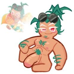 bara barazoku big_cock big_dick big_penis cock cookie cookie_run cookie_run_ovensmash dick fruit_punch_cookie green_hair green_pubic_hair lino muscular muscular_male penis penis_out pink_nipples reference_image seated sitting smirk smirking smirking_at_viewer soft_penis