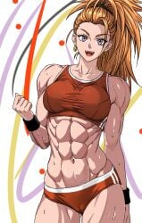 1girls abs breasts buruma cameltoe captain_mizuki cowboy_shot earrings gt_(inesperados2013) hi_res high_ponytail hoop_earrings jewelry looking_at_viewer medium_breasts muscular muscular_female navel obliques one-punch_man open_mouth orange_hair ponytail purple_eyes smile solo sports_bra sweat
