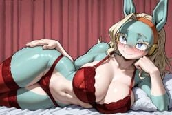 1female 1girls ai ai_generated anthro bed bed_sheet bedroom big_breasts blonde_eyebrows blonde_hair blue_eyes blush boku_no_hero_academia bra breasts curtains female frosting.ai hair hand_on_chin hand_on_leg headphones ippan_josei legwear light_blue_body looking_at_viewer lying_on_bed lying_on_side my_hero_academia nipple_outline non-nude panties pillow pointy_ears quirked_human_(my_hero_academia) red_bra red_legwear red_lingerie red_panties red_underwear seductive_pose smiling solo thick_thighs thighs tummy underwear white_bed_sheet white_pillow