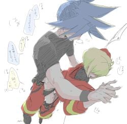 2boys anal anal_sex androgynous blush bob_cut embarrassed femboy galo_thymos gay gay_sex lio_fotia pinned pinned_to_wall promare short_hair size_difference twink yaoi