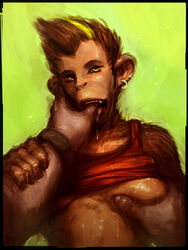 2015 anthro ape breast_grab breasts chimpanzee clothes female finger_in_mouth fur hair human interspecies looking_at_viewer looking_pleasured mammal monkey neurodyne plain_background primate saliva sex sketch smile sweat thumb_in_mouth yello