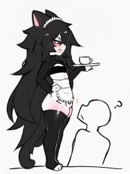 1boy 1girl1boy bunny_bunkai cat_ears cat_girl cat_tail catgirl curvy curvy_female female holding_object maid_apron maid_headdress maid_outfit maid_uniform skinny_female thick_thighs thighhighs twitter