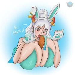 breasts bunny_ears carrot easter female female_only licking one_piece open_mouth tongue_out white_hair yamato_(one_piece)