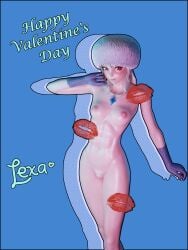 1girls epic_games female fexl39 fortnite gloves hat lexa_(fortnite) lipstick_mark necklace nude outline red_eyes signature solid_color_background valentine's_day white_hair