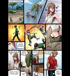 ass_cleavage baggy_pants breast_expansion breasts brown_hair butt_crack comic green_eyes huge_breasts lactation mangrowing molly_(mangrowing) sagging_pants skateboard skater tagme whale_tail