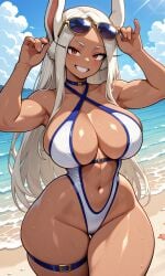 ai_generated beach boku_no_hero_academia breasts curvaceous_female curves curvy curvy_hips dark-skinned_female female female_only houseofwaifu huge_breasts long_hair mirko miruko my_hero_academia rumi_usagiyama sand seaside shounen_jump sunglasses swimsuit thick thick_legs thick_thighs white_hair wide_hips