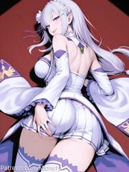 :p ai_generated artist_name ass back bare_shoulders blunt_bangs blush braid breasts cowboy_shot crown_braid detached_collar detached_sleeves dress elf emilia_(re:zero) female flower frilled_sleeves frills from_behind grey_hair hair_flower hair_ornament hair_ribbon large_breasts long_hair long_sleeves looking_at_viewer looking_back low-tied_long_hair lying medium_breasts miniskirt mionety naughty_face on_stomach patreon_username pleated_skirt pointy_ears purple_eyes purple_ribbon re:zero_kara_hajimeru_isekai_seikatsu red_background ribbon sidelocks simple_background skirt smile solo thighhighs thighs tongue tongue_out white_dress white_flower white_hair white_skirt white_thighhighs wide_sleeves x_hair_ornament zettai_ryouiki