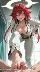 1girls ai_generated barefoot big_breasts breasts clothed clothed_female clothed_female_nude_male cum cum_on_feet curvy curvy_body curvy_female dreamyan_ai excessive_cum feet foot_fetish foot_focus footjob green_eyes guilty_gear guilty_gear_strive halo hi_res high_quality high_resolution highres jack-o'_valentine large_breasts leg_up long_hair looking_at_viewer male_pov open_mouth pov red_hair seductive seductive_eyes seductive_look seductive_mouth seductive_pose seductive_smile smile smiling standing stepped_on stepping_on_penis thick_ass thick_thighs thighs toes uncensored