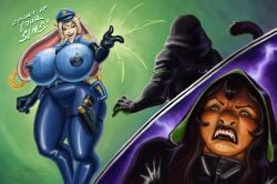 absurd_res air_valve_navel animate_inanimate anthro big_breasts bodysuit breasts clothing duo electroshock_weapon fangs female green_eyes handles_on_hips haplorhine hi_res inflatable lagomorph latex latex_bodysuit latex_clothing latex_skinsuit leporid living_inflatable living_sexdoll mammal monkey nina_snowfield pained_expression police police_uniform primate rabbit rayoutofspace red_eyes reference_to_character skinsuit sun_jade taser teeth tight_clothing tokusatsu uniform valve_nipple weapon