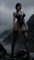 3d abs ai_generated beautiful bewitching_thighs black_hair cleavage full_body garter_belt high_heels huge_breasts long_legs short_hair