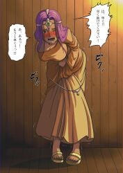 1girls asymmetrical_dress bent_over blue_cherio blush breasts brown_eyes circlet cleavage commentary_request dragon_quest dragon_quest_iv dress forehead_jewel full_body furrowed_brow gem green_gem have_to_pee highres indoors large_breasts long_dress long_sleeves looking_at_viewer midorimushi91 minea_(dq4) motion_lines one_eye_closed open_mouth orange_dress pigeon-toed sandals silver_circlet single_bare_shoulder single_sleeve skirt skirt_hold skirt_tug speech_bubble standing sweat toes translation_request trembling