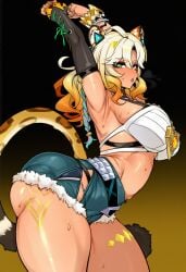 1girls 2d ai_generated animal_ears arched_back armpits arms_up ass big_ass big_breasts big_butt big_thighs blonde_hair blush breasts cat_ears cat_tail cyreneceo dark-skinned_female dark_skin denim denim_shorts detached_sleeves female_only from_side gradient_background gradient_hair green_eyes huge_ass huge_butt large_ass large_breasts large_butt large_thighs leopard_ears leopard_girl leopard_tail long_hair looking_at_viewer multicolored_hair short_shorts shorts sideboob solo solo_female stretching sweat tail thick_ass thick_butt thick_thighs thighs xilonen_(genshin_impact)