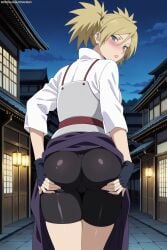 1girls ai_generated ass ass_focus ass_grab bike_shorts bike_shorts_under_skirt blonde_hair blue_eyes blush breasts bubble_ass bubble_butt cleavage clothed clothed_female dress female female_focus female_only fingerless_gloves from_behind fully_clothed gloves grabbing_own_ass hi_res high_resolution highres hourglass_figure legs_together lifted_by_self light-skinned_female light_skin lipstick long_hair looking_at_viewer looking_back medium_breasts naruto naruto:_the_last naruto_(series) naruto_shippuden night outdoors pale-skinned_female pale_skin panties perky_breasts pinup pose posing presenting_ass presenting_butt shirt showing_ass showing_off sideboob skirt skirt_lift solo solo_female solo_focus standing strayrevy teal_eyes teenager temari thighs twintails vest wide_hips