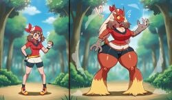 2026 absurd_res anthro before_and_after big_breasts blaziken body_size_growth bottomwear breast_expansion breasts brown_hair camel_toe clothing day detailed_background digital_media_(artwork) expansion female flybeeth footwear forest front_view generation_3_pokemon hair hi_res holding_object holding_pokeball human human_to_anthro interrobang mammal may_(pokemon) navel nintendo open_mouth outside pigeon_toed plant pokeball pokemon pokemon_(species) poof_transformation question_mark shoes shorts size_transformation smile solo species_transformation standing surprised tail thigh_expansion transformation tree