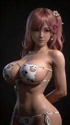 3d ai_generated arms_behind_back big_breasts cow_print cow_print_bikini dead_or_alive flower_in_hair honoka_(doa) long_hair pink_hair pink_lips red_eyes sideboob square_bikini