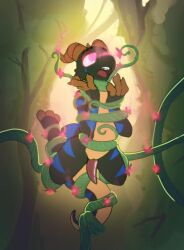 absurd_res anthro black_body black_scales blue_stripes bondage bound brown_claws brown_horn claws corruption dep flower forest forest_background genitals hi_res horn jex_the_kobold kobold male nature nature_background penis pheromones plant scales scalie solo stripes tan_underbelly tentacle tentacle_around_arm tentacle_around_foot tentacle_around_leg tentacle_around_neck tentacle_around_tail tentacle_around_torso toe_claws tree vine_tentacles