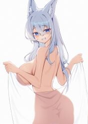 absurdres animal_ear_fluff animal_ears blue_eyes breasts character_request commentary covering_privates cowboy_shot female from_behind hair_between_eyes hands_up highres holding holding_towel huge_breasts jinggun long_hair looking_at_viewer nude nude_cover original simple_background smile solo teeth towel untranslatable_commentary white_background white_hair