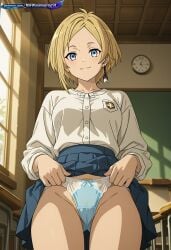 ai ai-created ai_art ai_assisted ai_generated anime anime_girl anime_illustration anime_screencap anime_style blonde_hair blue_eyes detailed_background dutch_angle earrings indoors japanese_room lifting_shirt long_sleeves low_angle manga mushoku_tensei navy_skirt panties pervert_female sailor_uniform sara_(mushoku_tensei) school_uniform seifuku short_hair side_swept_bangs single_earring skirt_lift skirt_up smile smirk sunbeam traditional_room white_blouse