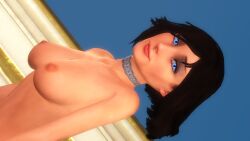 3d areolae bioshock bioshock_infinite blue_eyes breasts brown_hair busty choker choker_only elizabeth_comstock female female_focus female_only hourglass_figure makeup nipples nude nude_female nudity pinup pinup_pose short_hair styxfix tagme