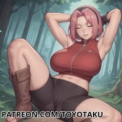 ai_generated armpit armpit_fetish armpit_peek armpits big_breasts breasts female green_eyes heart-shaped_pupils high_resolution highres huge_boobs huge_breasts large_boobs large_breasts looking_at_viewer mature mature_female milf mommy naked naruto naruto_(series) naruto_shippuden patreon pink_hair sakura_haruno tongue tongue_out toyotaku