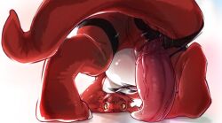 animal_genitalia anthro bandai_namco claws digimon digimon_(species) digitigrade erection fklow genital_slit genitals guilmon hi_res looking_at_viewer looking_back looking_through looking_through_legs low-angle_view male open_mouth open_smile penis rear_view red_body shaded sharp_teeth simple_background smile solo tail tapering_penis teeth toe_claws white_background