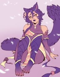 feathers greeniris league_of_legends legs_together lipstick riot_games sitting tail vastaya white_background xayah