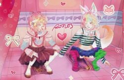 absurd_res accessory amber_eyes anthro big_ears bodily_fluids bottomwear bovid canid canine caprine clothed clothing crop_top crouching duo feces female female/female fox genital_fluids genitals hair hair_accessory hi_res hooves horn huge_filesize legwear mammal multicolored_ears organs pink_eyes ribbons rumeru rumi_(rumeru) scat sheep shirt skirt stockings stomach toilet topwear urine vulva watersports yusya_(loonvah)