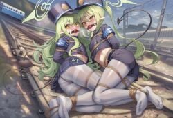 2girls ai_generated arms_behind_back ass ball_gag blue_archive blush bondage bound_ankles bound_together bound_wrists captured crotch_rope drooling heavy_breathing hikari_(blue_archive) looking_at_viewer nokani nozomi_(blue_archive) panties panties_under_pantyhose pantyhose peril restrained self_upload struggling tearing_up train train_tracks twins wide-eyed worried