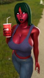 cherry clothed drink green_hair large_breasts nose_piercing red_skin yurisylentra