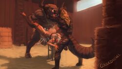 absurd_res anal anal_sex anthro antlers arm_scar artcondedaniel balls barn big_balls blonde_hair bodily_fluids bondage bound bovid bovine breeding_mount broken_belt brown_body brown_hair claws closed_eyes colored_nails cum cum_drip cum_in_ass cum_in_mouth cum_inflated_belly cum_inside cum_on_balls cum_on_belly cum_on_body cum_on_cheek cum_on_chest cum_on_chin cum_on_face cum_on_ground cum_on_partner's_face cum_on_self cum_on_tongue cum_strand cum_string cumshot deep_throat deer digitigrade dripping ejaculation european_mythology facial_scar fastener fellatio fingernails fingers genital_fluids genitals greek_mythology group hair hay hi_res holding_horn holding_leg holding_thigh hooves horn hyena inflation kissing ladder leg_scar making_out male male/male mammal minotaur muscular muscular_anthro muscular_male mythology nails navel neck_bulge nipples oral oral_penetration outie_navel penetration penile saliva saliva_drip saliva_on_balls saliva_on_chest saliva_on_ground saliva_on_tongue saliva_puddle saliva_string scar sex size_difference spitroast stable stomach_bulge striped_body striped_hyena stripes tongue trio